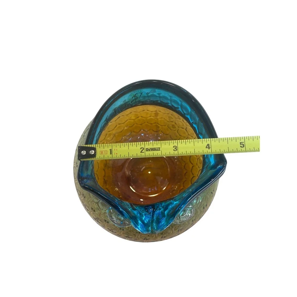 Art Glass Owl Vase Ombre Blue Amber Honeycomb Texture Hand Blown 7 Inch